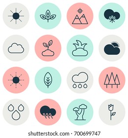 Ecology Icons Set. Collection Of Forest, Raindrop, Cloud And Other Elements. Also Includes Symbols Such As Sun, Sunshine, Rose.