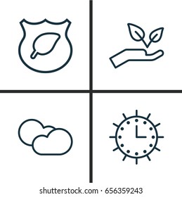 Ecology Icons Set. Collection Of Guard Tree, Sun Clock, Save World And Other Elements. Also Includes Symbols Such As Clock, Protect, Ecology.