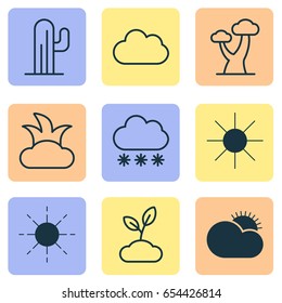 Ecology Icons Set. Collection Of Oak, Bush, Cactus And Other Elements. Also Includes Symbols Such As Weather, Desert, Snow.