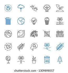 ecology icons set. Collection of ecology with pine, trash, plant, palm tree, earth globe, branch, ozone, environment, bench, planet, viburnum. Editable and scalable ecology icons.