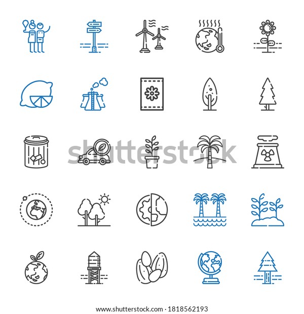 ecology icons set. Collection of ecology with pine\
tree, earth globe, seeds, reservoir, planet earth, plant, palm\
tree, tree, earth, nuclear plant. Editable and scalable ecology\
icons.