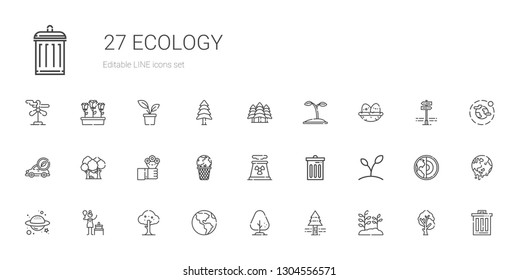 ecology icons set. Collection of ecology with plant, pine tree, tree, earth globe, birch, planet, trash, nuclear plant, global warming, flowers. Editable and scalable ecology icons.