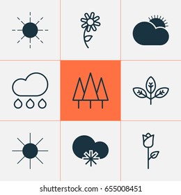 Ecology Icons Set. Collection Of Rain, Sunshine, Sun And Other Elements. Also Includes Symbols Such As Forest, Snowy, Sun.