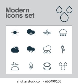 Ecology Icons Set. Collection Of Rain, Sun, Snowstorm And Other Elements. Also Includes Symbols Such As Seashell, Snowy, Branch.