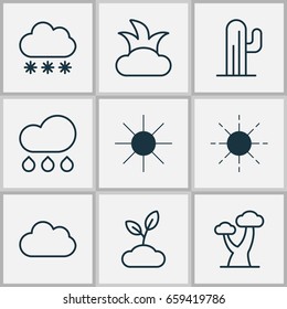 Ecology Icons Set. Collection Of Snowstorm, Sun, Rain And Other Elements. Also Includes Symbols Such As Cloudburst, Raindrop, Gardening.