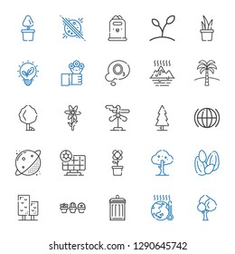 ecology icons set. Collection of ecology with tree, global warming, garbage, plant, seeds, flower, solar panel, planet, global, wind turbine. Editable and scalable ecology icons.