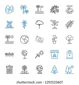 ecology icons set. Collection of ecology with trees, pine tree, earth globe, windmill, trash, paper bin, waste, flower, plant, tree, planet. Editable and scalable ecology icons.