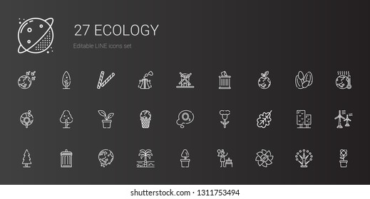 ecology icons set. Collection of ecology with turbine, birch, plant, palm tree, global warming, garbage, tree, oak leaf, flower, ozone, global. Editable and scalable ecology icons.