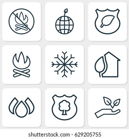 Ecology Icons Set. Collection Of World Ecology, Timber, Aqua And Other Elements. Also Includes Symbols Such As Bonfire, Snowflake, Fire.