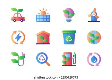 Ecology icons set in color flat design. Pack of electric car, green energy, solar panels, light bulb, windmill, smart home, recycling, earth and other. Vector pictograms for web sites and mobile app