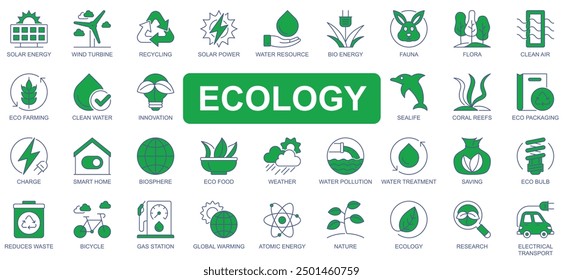 Ecology icons set in duotone outline stroke design for web. Pack pictograms of solar energy, wind turbine, recycling, resource, bio, fauna, flora, air clean, eco farming, other. Vector illustration.