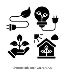 Ecology icons set = eco energy, lamp, nature, green house. Perfect for website mobile app, app icons, presentation, illustration and any other projects