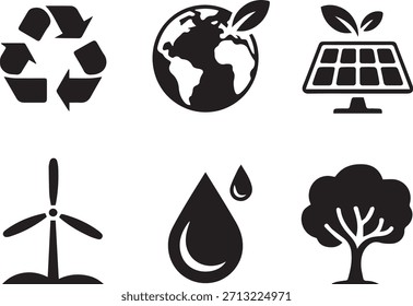 Ecology icons set, eco-friendly vector symbols for environment, sustainability, green energy, recycling, and nature conservation design