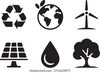 Ecology icons set, eco-friendly vector symbols for environment, sustainability, green energy, recycling, and nature conservation design