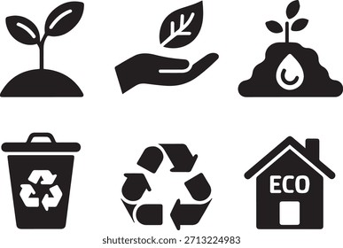 Ecology icons set, eco-friendly vector symbols for environment, sustainability, green energy, recycling, and nature conservation design