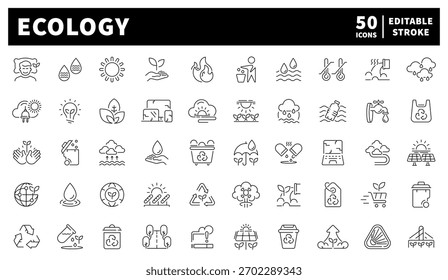 Ecology icons set. editable line icons, outline, nature and eco.friendly symbols