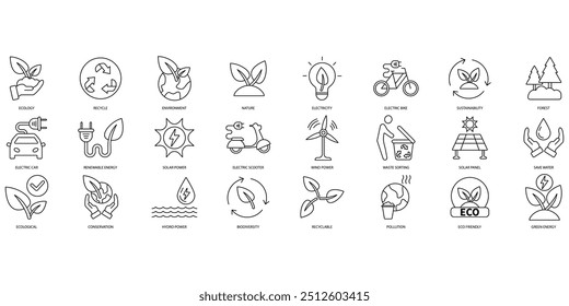 Symbole der Ökologie. Satz editierbarer Strichsymbole.Satz von Ökologie