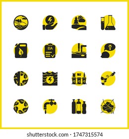 Ecology icons set with eia approved, energy saving and city expansion elements. Set of ecology icons and tap concept. Editable vector elements for logo app UI design.