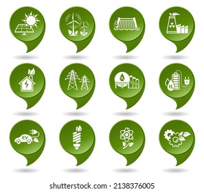 Ecology icons set. Energy signs and symbols. Collection of eco energy symbols for web design. Eco signs of renewable energy, green technology, recycling and alternative energy. Isolated. Vector