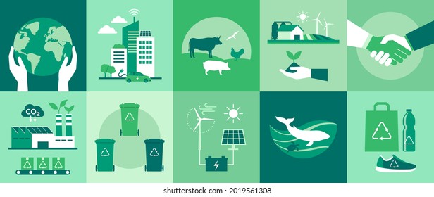 Set für Umweltzeichen: Umweltschutz, intelligente Städte, nachhaltige Industrie und Landwirtschaft, Tierschutz und erneuerbare Energien