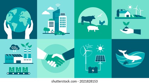 Juego de iconos de ecología: protección del medio ambiente, ciudades inteligentes, industria y agricultura sostenibles, bienestar de los animales y concepto de energía renovable