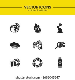 Ecology icons set with fire in forest, rain and coral reefs elements. Set of ecology icons and discovery concept. Editable vector elements for logo app UI design.