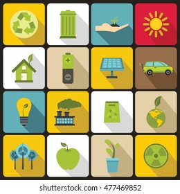 Ecology icons set in flat style. Environmental, recycling, renewable energy, nature elements set collection vector illustration