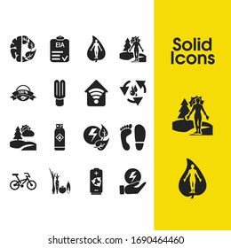 Ecology icons set with fluorescent lightbulb, gas can and water cycle elements. Set of ecology icons and accumulator concept. Editable vector elements for logo app UI design.