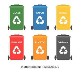 Ecology icons set. Garbage containers for waste distribution. Icons, stickers, vector