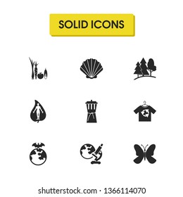 Ecology icons set with geoscience, forest and seashell elements. Set of ecology icons and mollusk concept. Editable vector elements for logo app UI design.