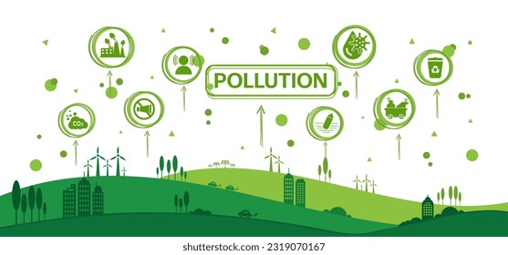Juego de iconos ecológicos. Calentamiento global, cambio climático, contaminación plástica, contaminación del agua, contaminación del aire, contaminación acústica. Salvar los símbolos del planeta. Entorno Eco, Ilustración de vectores de caricaturas de línea plana.	