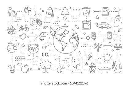 Ecology icons set with globe on white.