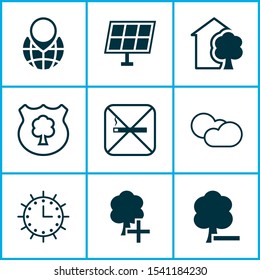 Ecology icons set with globe pointer, solar time, plant tree and other sun power elements. Isolated vector illustration ecology icons.