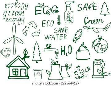 Iconos ecológicos establecidos. Energía verde. Salvemos el planeta. Molino de viento. Ecología. Cuestiones ambientales. Consumo razonable. Naturaleza. Eco. Bio. recursos alternativos.