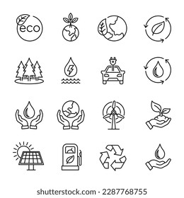 Ecology icons set. Green energy and eco friendly icon collection on outlined vector.  Bundle of ecology and environment set icons vector illustration line style icon