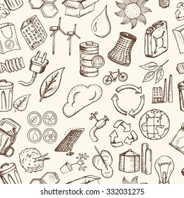 Ecology icons set. Hand drawn vector illustration. Seamless pattern.