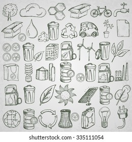 Ecology icons set. Hand drawn vector illustration.