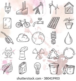 Ecology icons set. Hand drawn vector illustration.