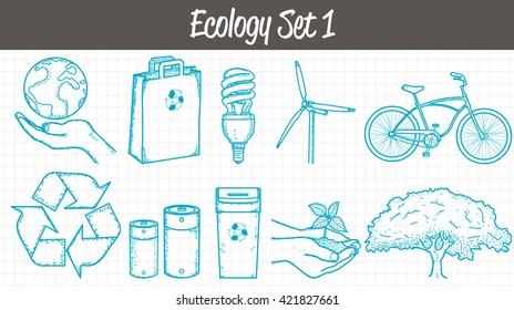 Ecology icons set. Hand drawn illustration. Vector illustration