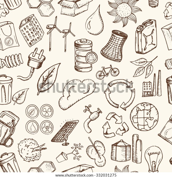 Ecology icons set. Hand drawn vector\
illustration. Seamless\
pattern.
