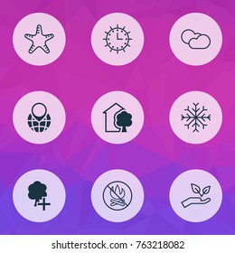 Ecology icons set with house, insert woods, sun clock and other house elements. Isolated vector illustration ecology icons.