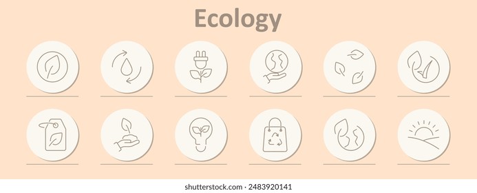 Ecology icons set. Leaf, recycle, eco energy, globe, plant, eco tag, bulb, shopping bag, sprout, sun, eco friendly. Line icons on beige background
