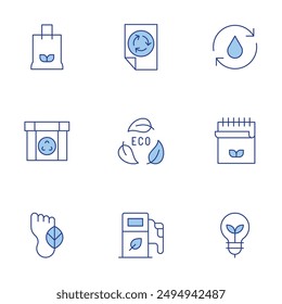 Ecology icons set. Line Duotone style, editable stroke. recycling, eco packaging, green energy, carbon footprint, paper recycle, notebook, light bulb, eco friendly.
