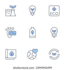 Ecology icons set. Line Duotone style, editable stroke. ecology, eco, eco light, eco friendly, carbon footprint, eco factory, packaging, light bulb.