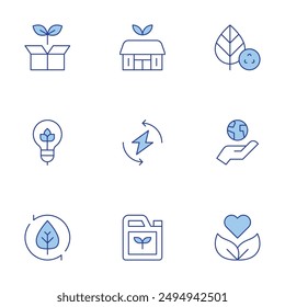 Ecology icons set. Line Duotone style, editable stroke. ecology, eco hotel, organic, renewable energy, biofuel, recycling, eco, sustainable.