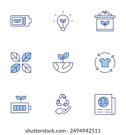 Ecology icons set. Line Duotone style, editable stroke. eco friendly, eco battery, plant, newspaper, reuse, environment, recycling, green energy.