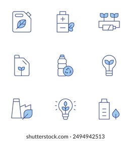 Ecology icons set. Line Duotone style, editable stroke. eco battery, green factory, eco fuel, sustainable energy, plastic bottle, bulb, eco energy.