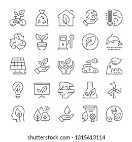 Ecology icons set. Nature protection symbols. Line style