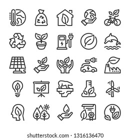 Ecology Icons Set. Nature Protection Symbols. Line Style