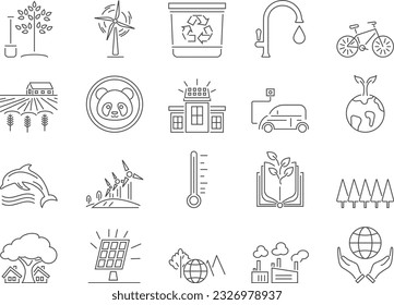 Ecology Icons Set. Nature, Water, Pollution, Environment, Electric Car, Ocean, Forest and more. Editable Stroke